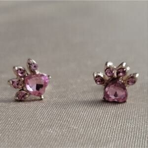 Pink and gold tone cat paws crystal earrings